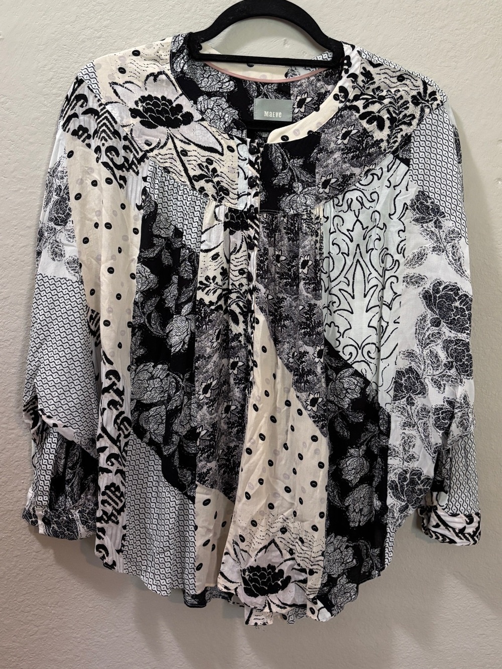 Maeve Black & White Patchwork Boho Blouse Size Small